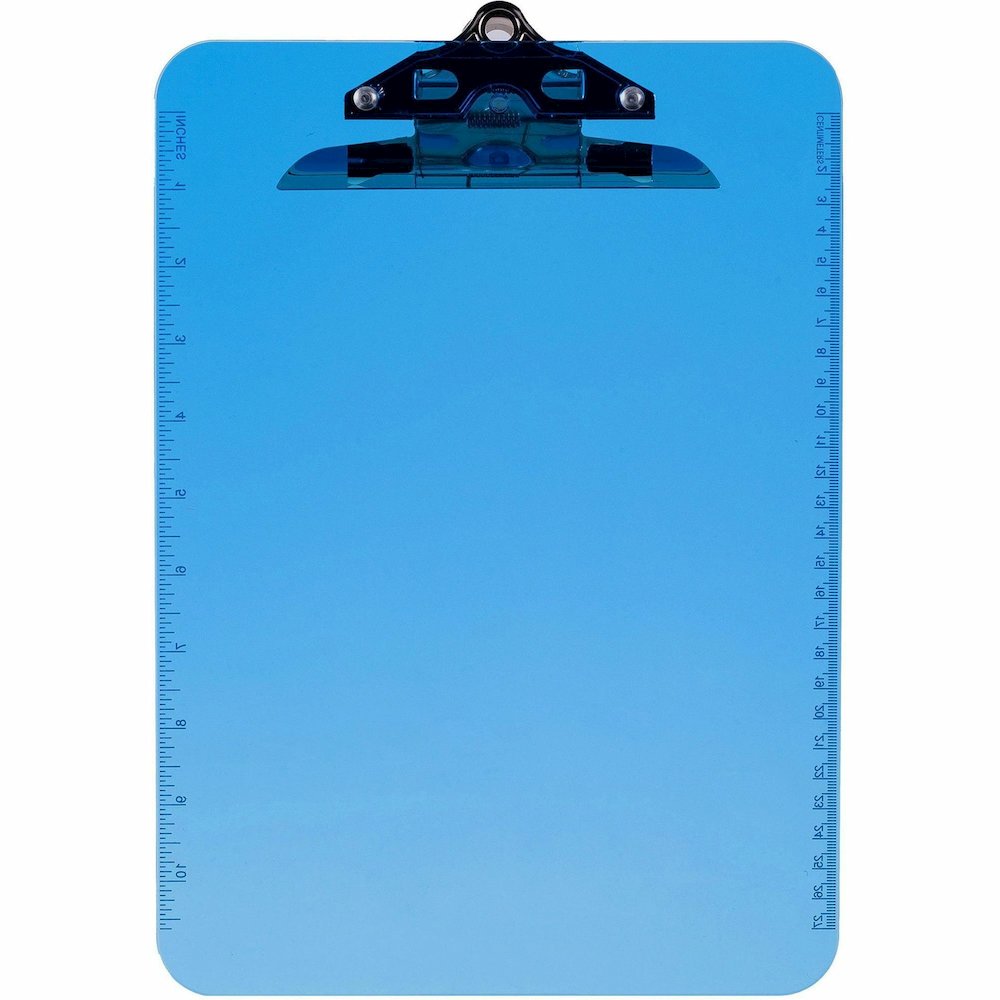Business Source Spring Clip Plastic Clipboard - 8 1/2" x 11" Sheet Size - Spring Clip - Plastic - Blue - 12 / Box. Picture 10