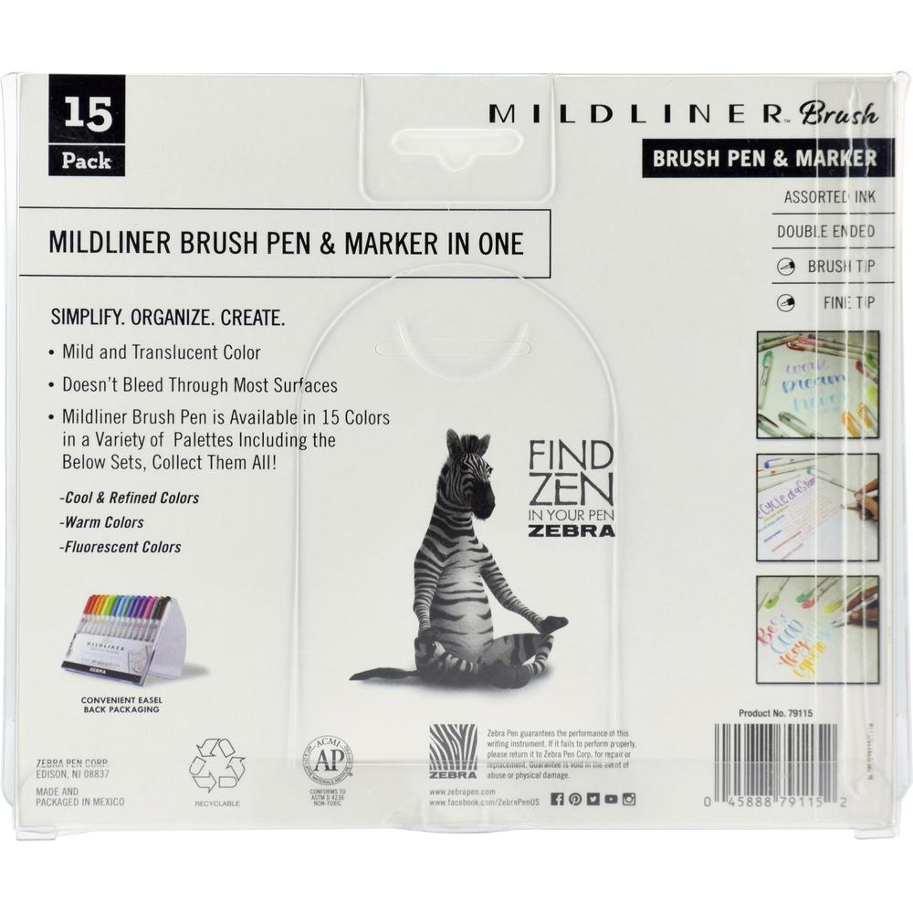 Zebra MILDLINER Dual Ended Brush Pen & Marker Set - Assorted Ink - Pigment-based - White Barrel - 15 / Pack. Picture 2