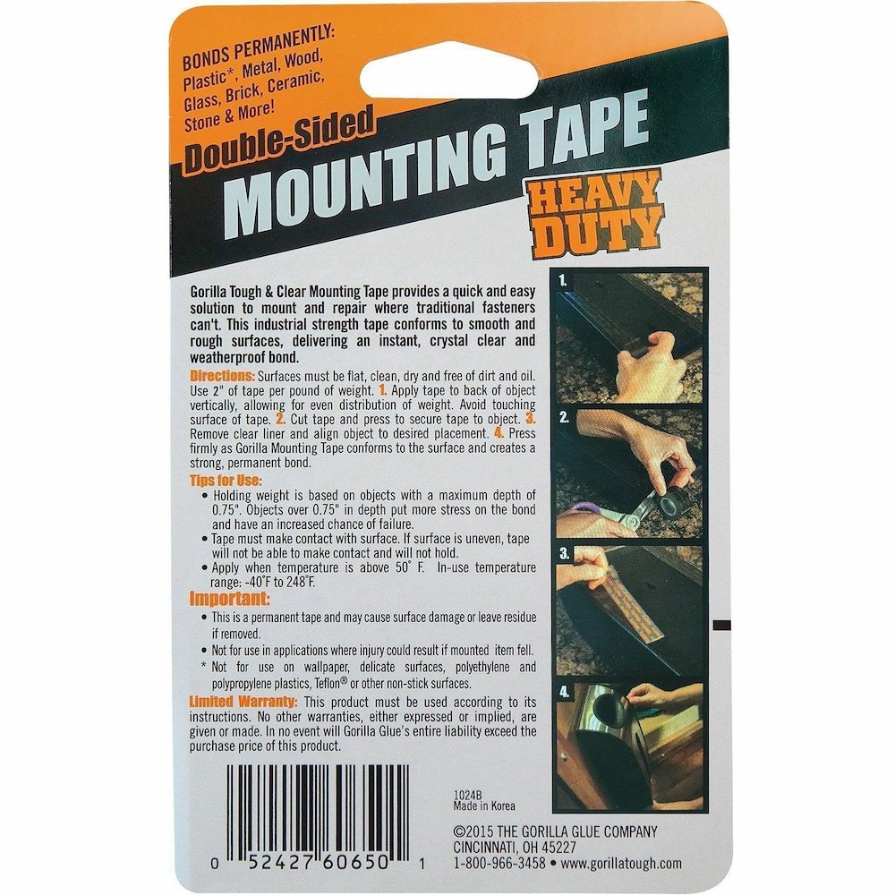Gorilla Heavy Duty Mounting Tape - 5 ft Length x 1" Width - Black - For Indoor, Outdoor, Plastic, Metal, Wood, Glass, Brick, Ceramic, Stone - 1 Each. Picture 5