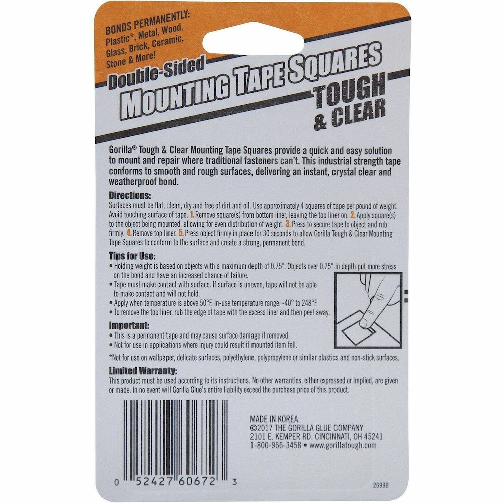Gorilla Tough & Clear Mounting Squares - 1" Length x 1" Width - Clear - Weather Proof - For Indoor, Outdoor, Plastic, Metal, Wood, Glass, Brick, Ceramic, Stone - 24 / Pack. Picture 4