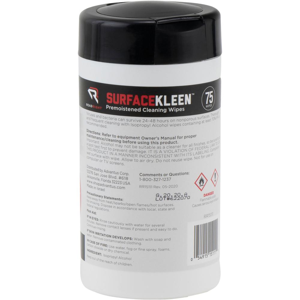 Read Right Surface Kleen Cleaning Wipes - 6.30" Length x 5" Width - Pre-moistened, Fast Acting, Quick Drying - White - 75/Tub - 1 Each. Picture 4