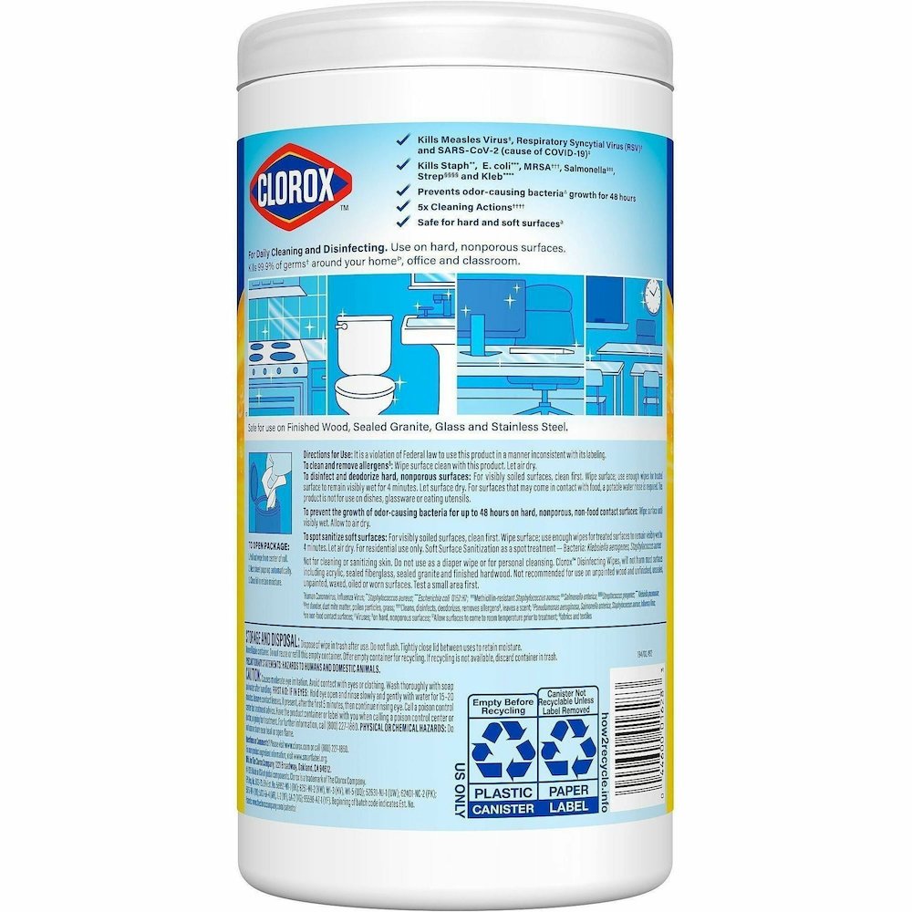Clorox Disinfecting Cleaning Wipes Value Pack - Bleach-free - For Multi Surface, Multipurpose - Ready-To-Use - Wipe - Crisp Lemon Scent - Recommended For: Grease Remover, Soap Scum Remover, Grime Remo. Picture 6