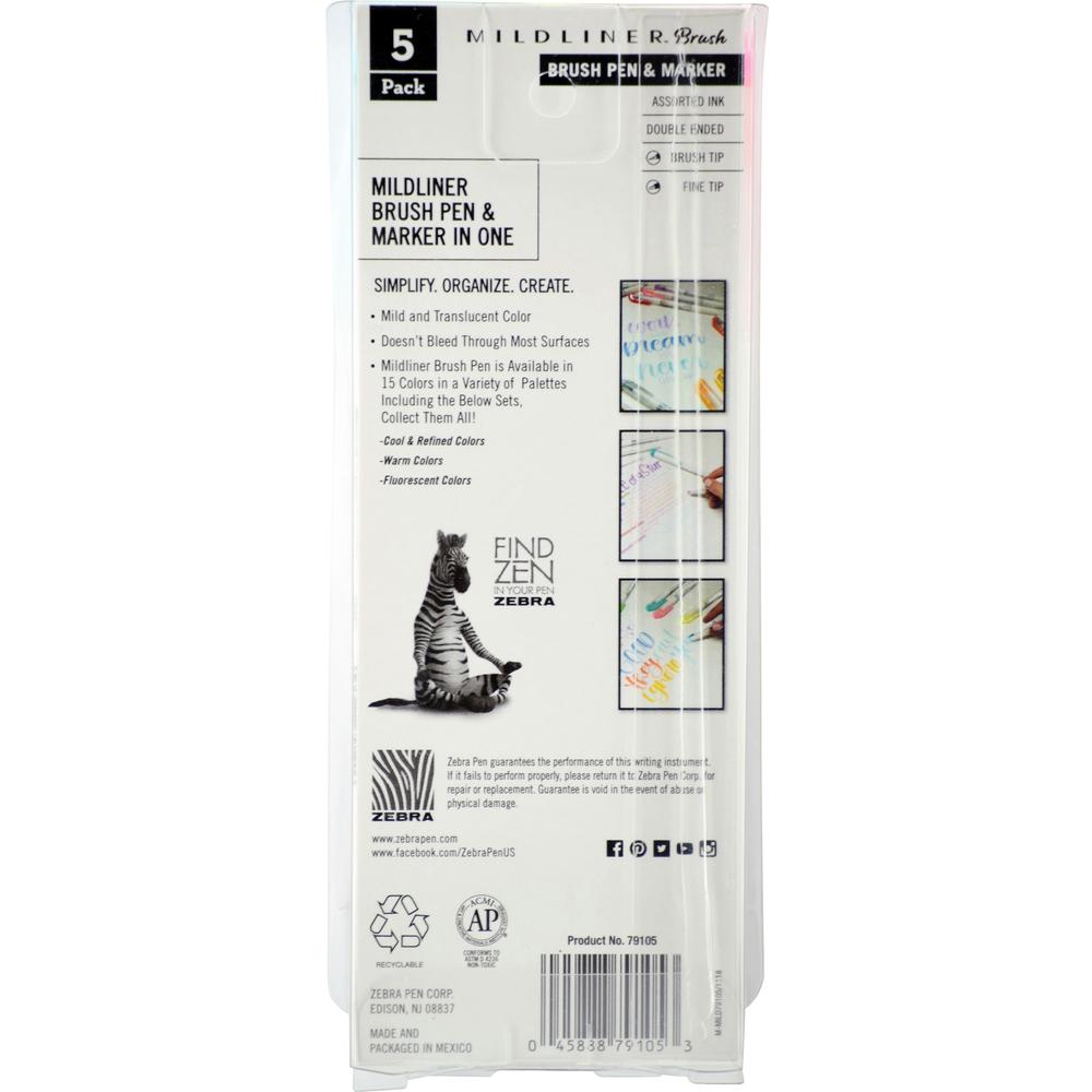 Zebra MILDLINER Dual Ended Brush Pen & Marker Set - Fine Marker Point - Brush Marker Point Style - Fluorescent Pink Pigment-based, Fluorescent Orange, Fluorescent Yellow, Fluorescent Blue, Fluorescent. Picture 2
