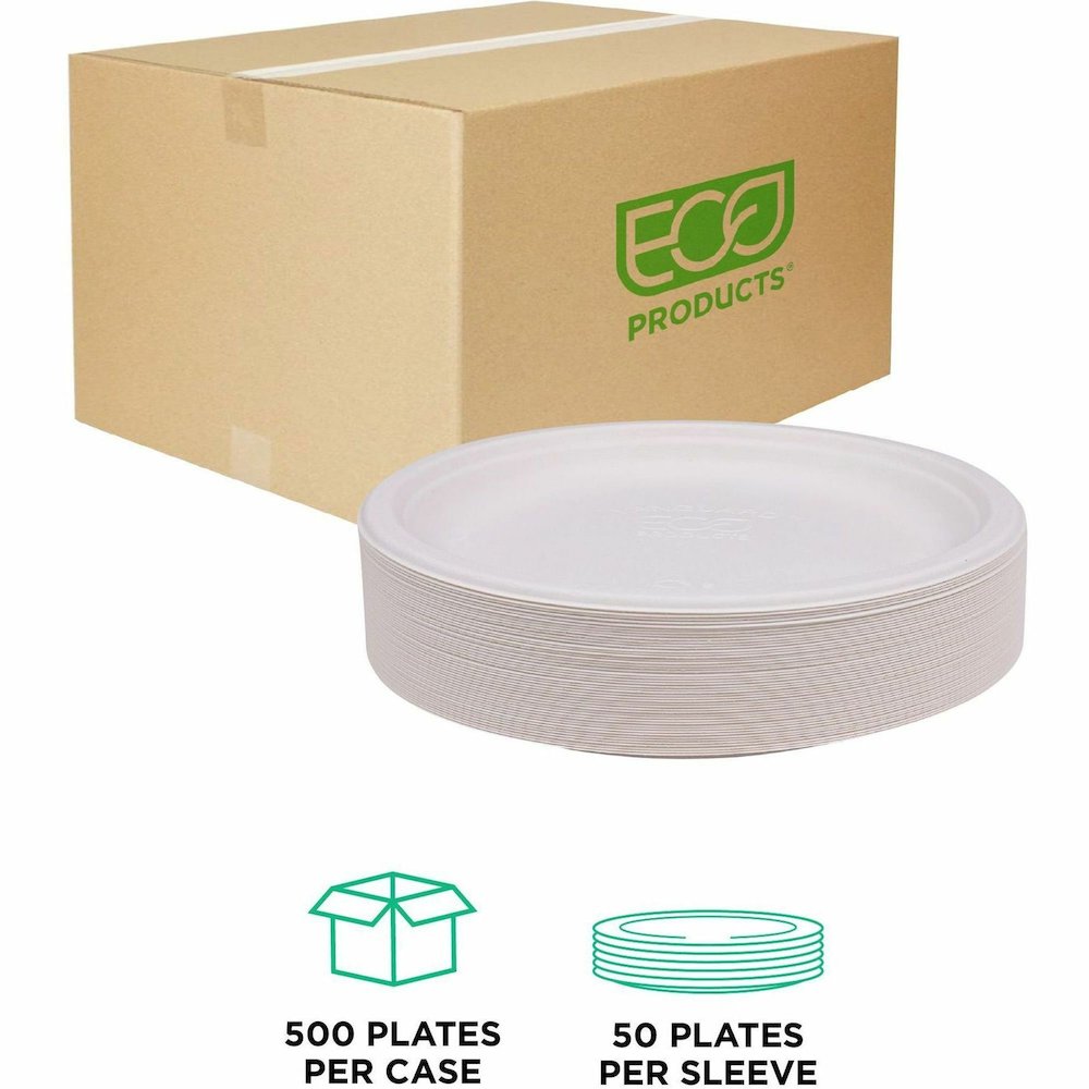 Eco-Products Vanguard 10" Sugarcane Plates - Breakroom - Disposable - Microwave Safe - 10" Diameter - White - Sugarcane Fiber Body - 500 / Carton. Picture 15