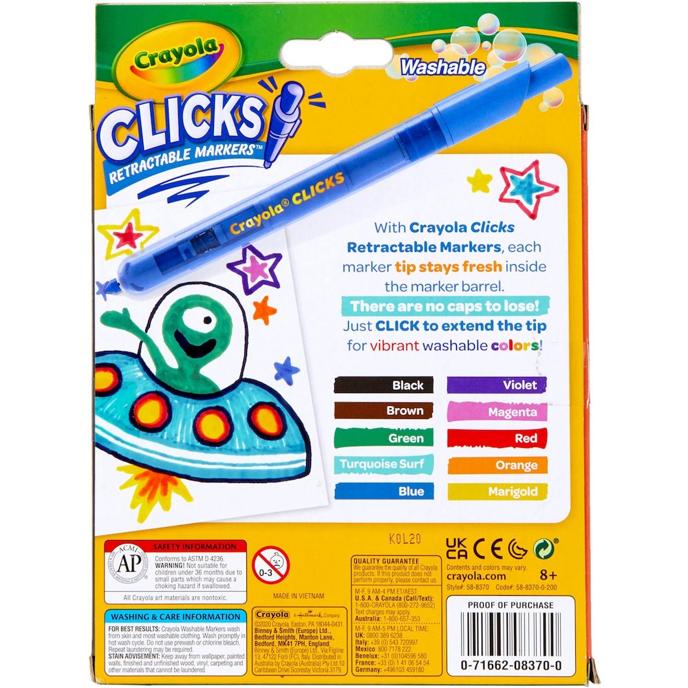 Crayola Marker - Retractable - Washable - Assorted Ink - Water Based - Assorted Plastic Barrel - 10 / Pack. Picture 5