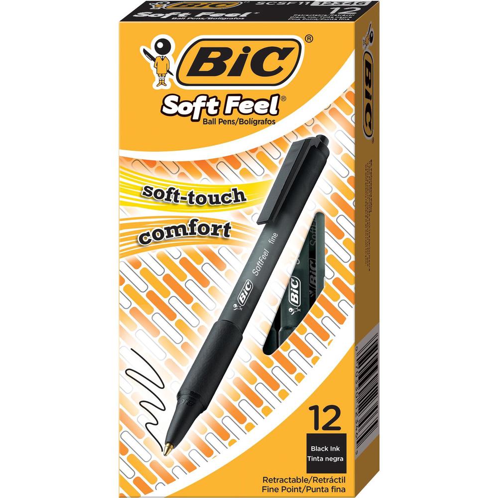 BIC SoftFeel Retractable Ball Pens - Fine Pen Point - Retractable - Black - Black Rubber Barrel - 1 Dozen. Picture 2