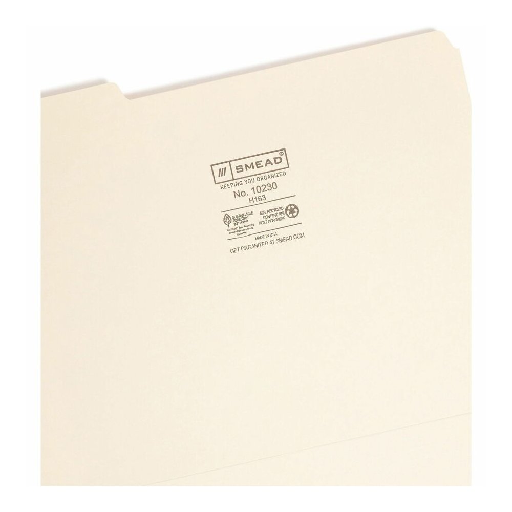 Smead 1/3 Tab Cut Letter Recycled Interior File Folder - 8 1/2" x 11" - 3/4" Expansion - Top Tab Location - Assorted Tab Position - 11 pt. - 1 Plys - Manila - 10% Recycled - 100 / Box. Picture 8