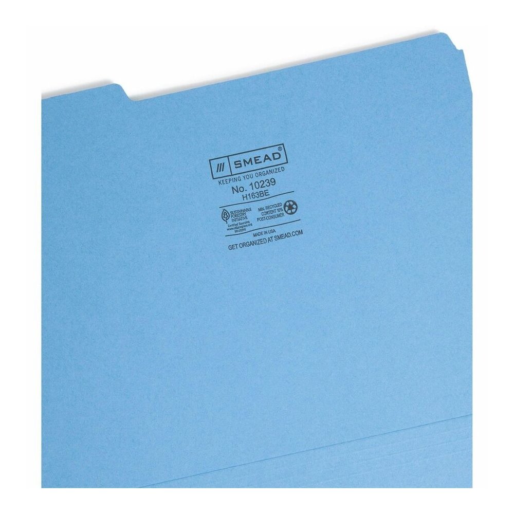 Smead 1/3 Tab Cut Letter Recycled Interior File Folder - 8 1/2" x 11" - 3/4" Expansion - Top Tab Location - Assorted Tab Position - 11 pt. - 1 Plys - Paper - Blue - 10% Recycled - 100 / Box. Picture 9