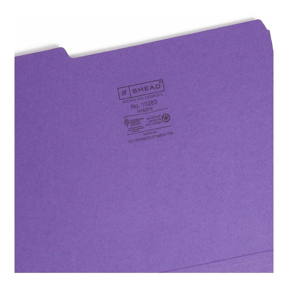 Smead 1/3 Tab Cut Letter Recycled Interior File Folder - 8 1/2" x 11" - 3/4" Expansion - Top Tab Location - Assorted Tab Position - 11 pt. - 1 Plys - Paper - Purple - 10% Recycled - 100 / Box. Picture 8