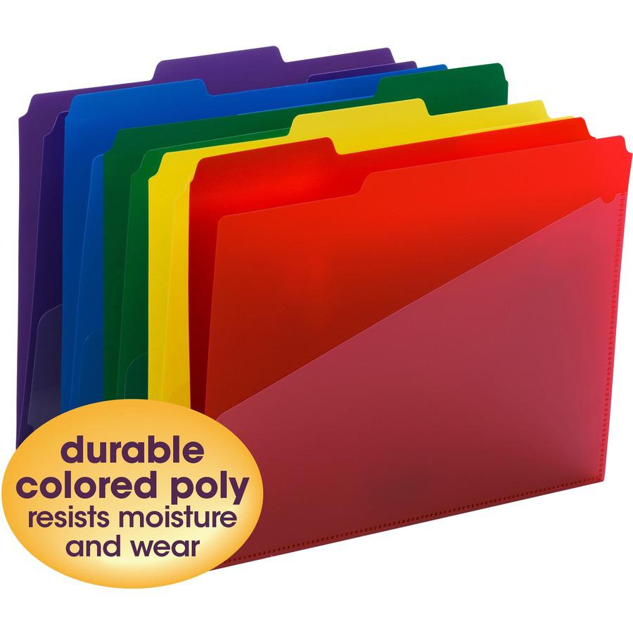 Smead 1/3 Tab Cut Letter Top Tab File Folder - 8 1/2" x 11" - 3/4" Expansion - Top Tab Location - Assorted Position Tab Position - Polypropylene - Blue, Green, Red, Yellow, Purple - 30 / Box. Picture 8