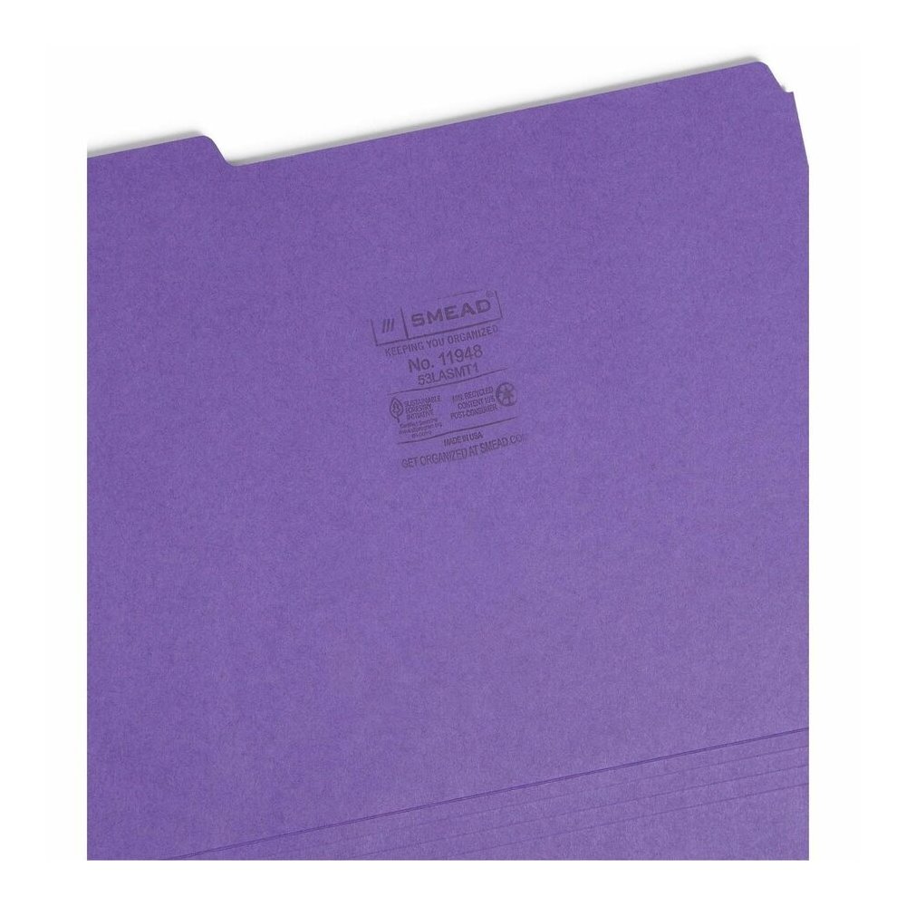 Smead 1/3 Tab Cut Letter Recycled Top Tab File Folder - 8 1/2" x 11" - 3/4" Expansion - Top Tab Location - Assorted Tab Position - 11 pt. - 1 Plys - Assorted - Rounded Corner - 10% Recycled - 100 / Bo. Picture 8