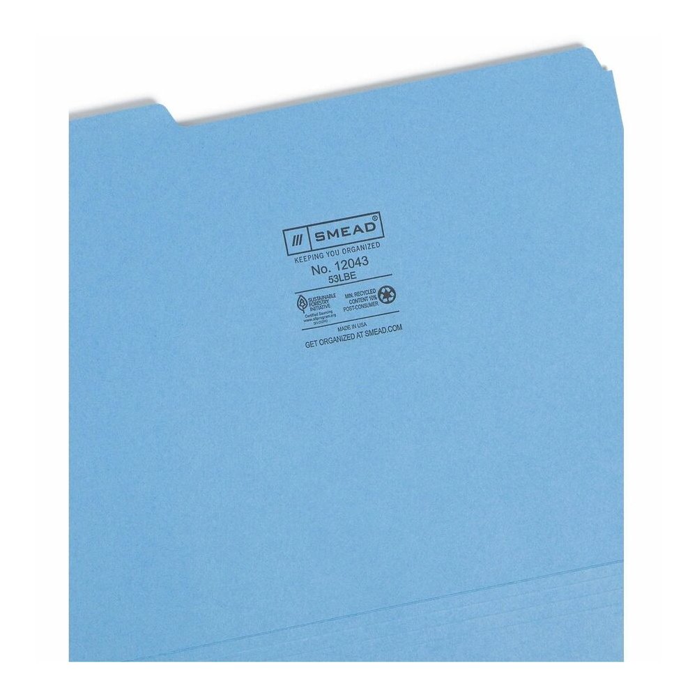 Smead 1/3 Tab Cut Letter Recycled Top Tab File Folder - 8 1/2" x 11" - 3/4" Expansion - Top Tab Location - Assorted Tab Position - 11 pt. - 1 Plys - Blue - Rounded Corner - 10% Recycled - 100 / Box. Picture 9