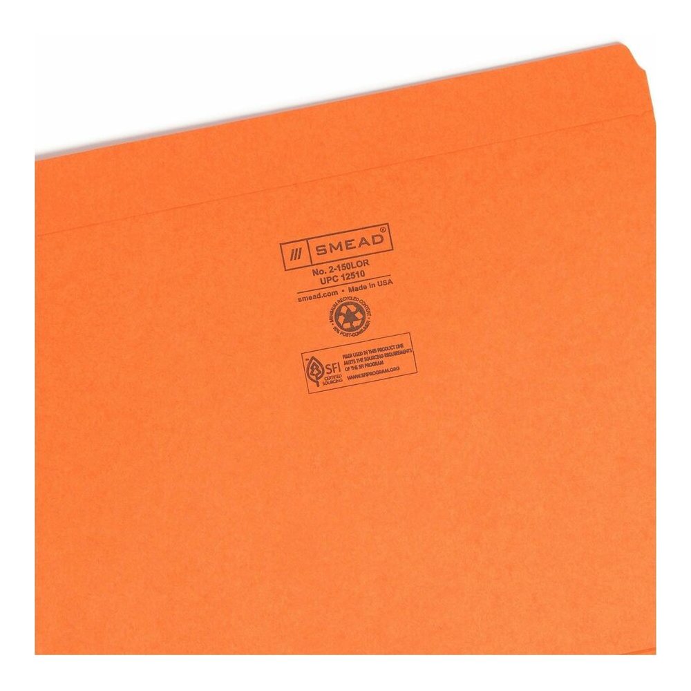 Smead Colored Straight Tab Cut Letter Recycled Top Tab File Folder - 8 1/2" x 11" - 3/4" Expansion - 11 pt. - 2 Plys - Orange - Reinforced Tab - 10% Recycled - 100 / Box. Picture 8