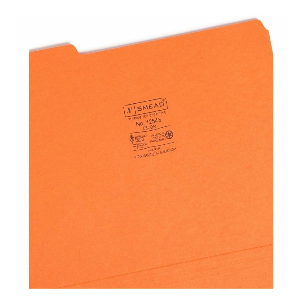 Smead Colored 1/3 Tab Cut Letter Recycled Top Tab File Folder - 8 1/2" x 11" - 3/4" Expansion - Top Tab Location - Assorted Tab Position - 11 pt. - 1 Plys - Orange - Rounded Corner - 10% Recycled - 10. Picture 8