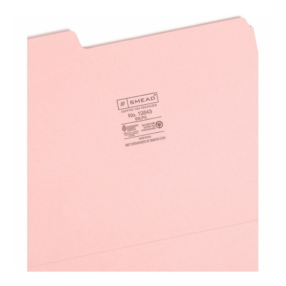 Smead Colored 1/3 Tab Cut Letter Recycled Top Tab File Folder - 8 1/2" x 11" - 3/4" Expansion - Top Tab Location - Assorted Tab Position - 11 pt. - 1 Plys - Pink - Rounded Corner - 10% Recycled - 100 . Picture 8