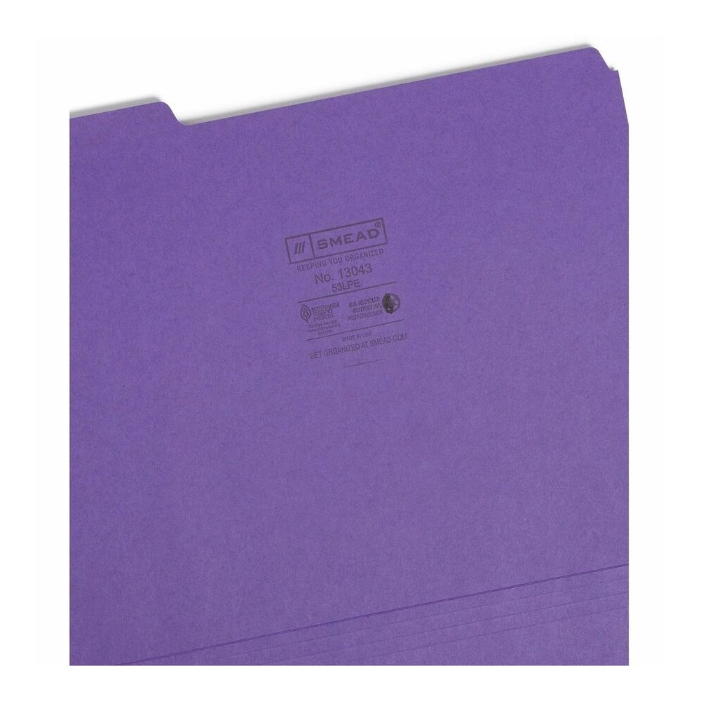 Smead Colored 1/3 Tab Cut Letter Recycled Top Tab File Folder - 8 1/2" x 11" - 3/4" Expansion - Top Tab Location - Assorted Tab Position - 11 pt. - 1 Plys - Purple - Rounded Corner - 10% Recycled - 10. Picture 9
