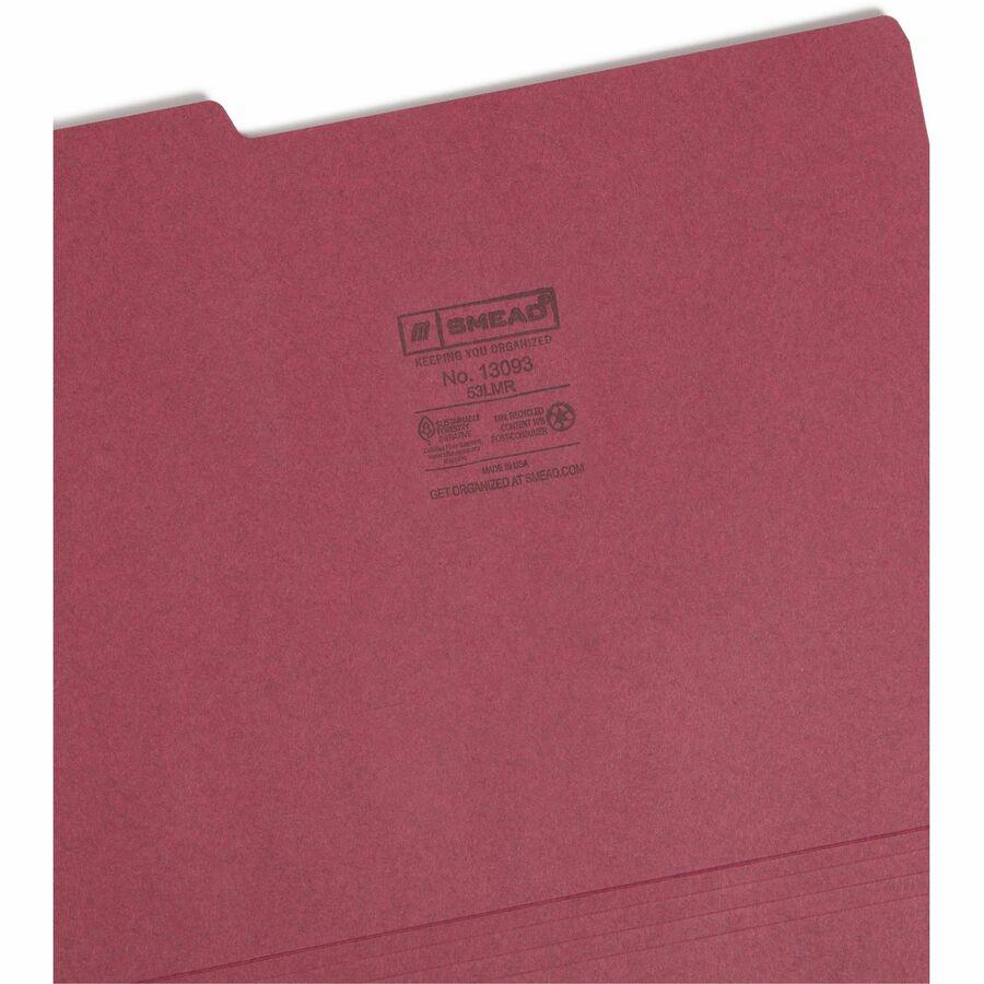 Smead Colored 1/3 Tab Cut Letter Recycled Top Tab File Folder - 8 1/2" x 11" - 3/4" Expansion - Top Tab Location - Assorted Position Tab Position - Maroon - 10% Recycled - 100 / Box. Picture 8