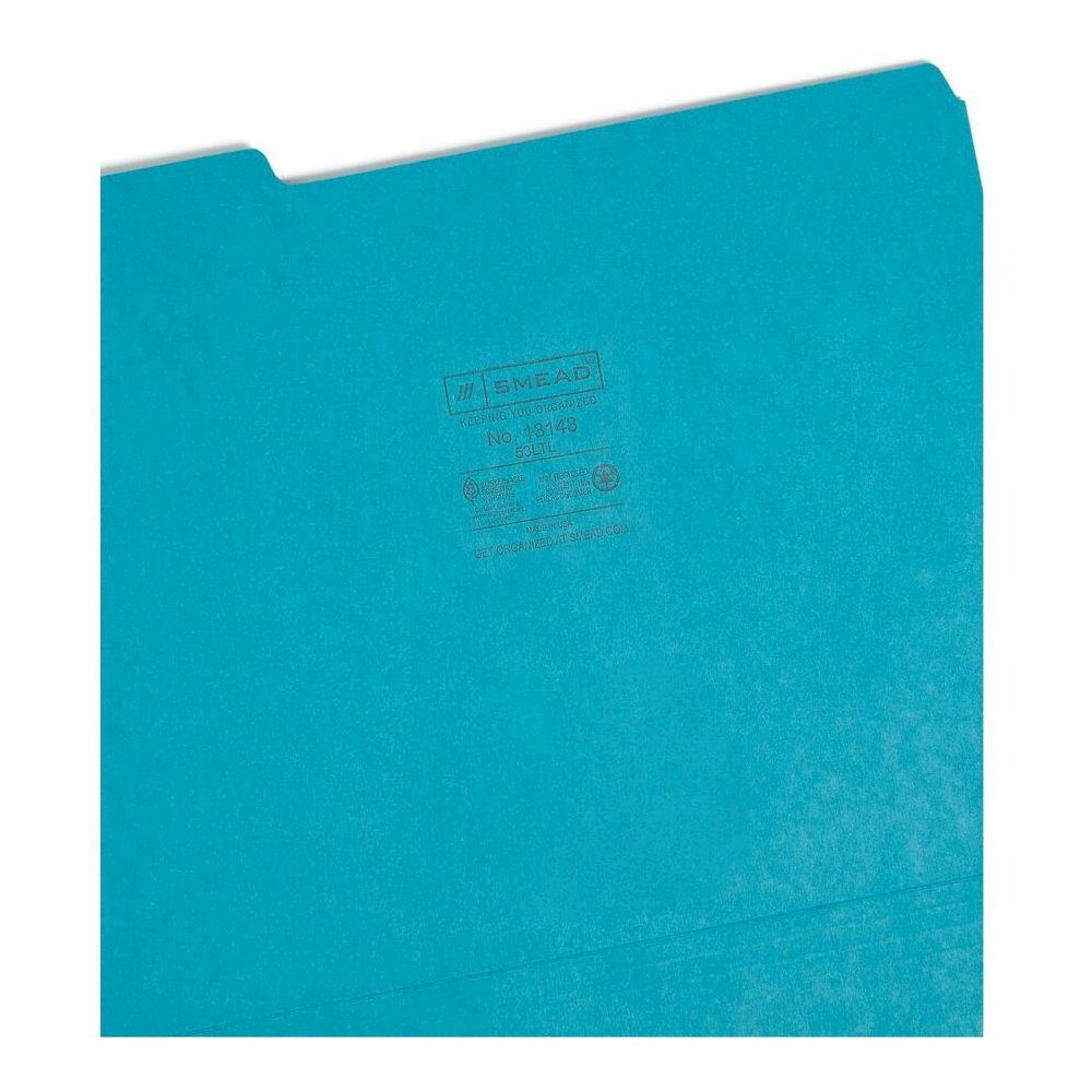 Smead Colored 1/3 Tab Cut Letter Recycled Top Tab File Folder - 8 1/2" x 11" - 3/4" Expansion - Top Tab Location - Assorted Tab Position - 11 pt. - 1 Plys - Teal - Rounded Corner - 10% Recycled - 100 . Picture 8
