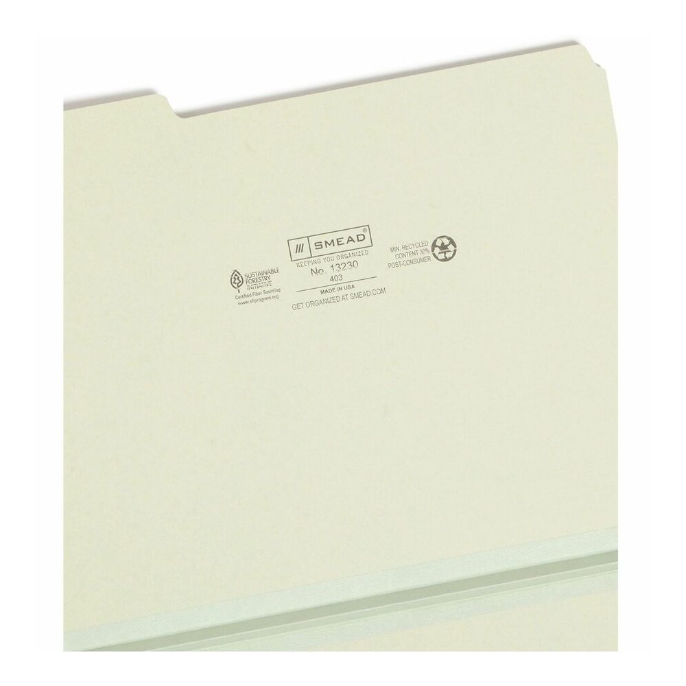 Smead 1/3 Tab Cut Letter Recycled Top Tab File Folder - 8 1/2" x 11" - 1" Expansion - Top Tab Location - Assorted Tab Position - 25 pt. - Pressboard - Gray, Green - Heavy Duty, Wear Resistant, Tear Re. Picture 8