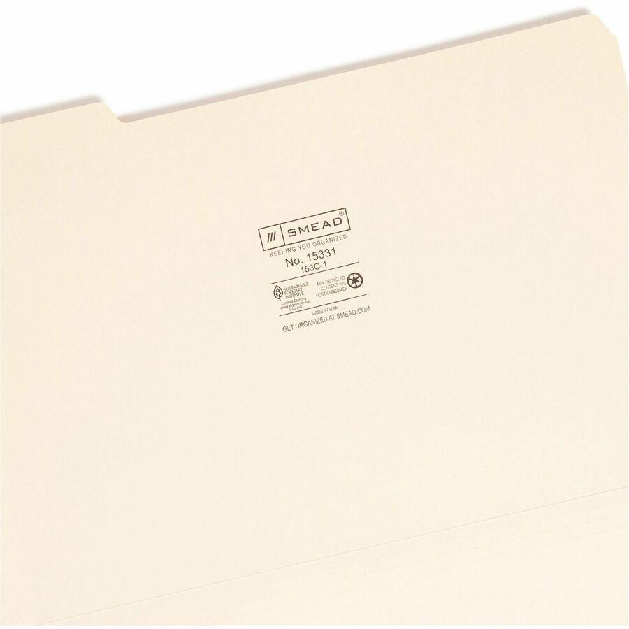 Smead 1/3 Tab Cut Legal Recycled Top Tab File Folder - 8 1/2" x 14" - 3/4" Expansion - Top Tab Location - First Tab Position - Manila - Manila - 10% Recycled - 100 / Box. Picture 8