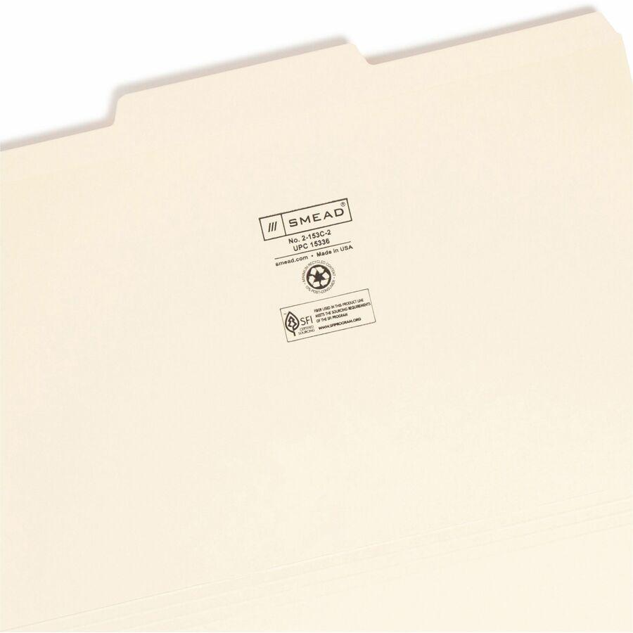 Smead 1/3 Tab Cut Legal Recycled Top Tab File Folder - 8 1/2" x 14" - 3/4" Expansion - Top Tab Location - Second Tab Position - Manila - Manila - 10% Recycled - 100 / Box. Picture 6