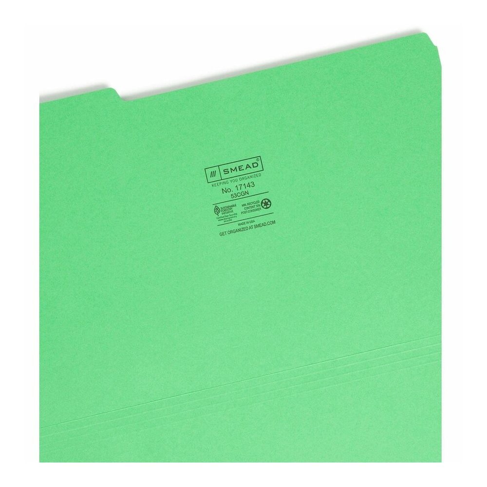 Smead Colored 1/3 Tab Cut Legal Recycled Top Tab File Folder - 8 1/2" x 14" - 3/4" Expansion - Top Tab Location - Assorted Tab Position - 11 pt. - 1 Plys - Green - Break Resistant - 10% Recycled - 100. Picture 8