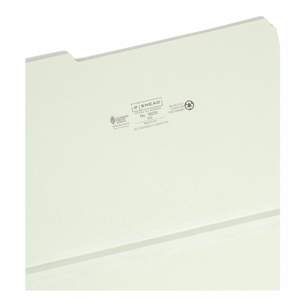 Smead 1/3 Tab Cut Legal Recycled Top Tab File Folder - 8 1/2" x 14" - 1" Expansion - Top Tab Location - Assorted Tab Position - 25 pt. - Pressboard - Gray, Green - Heavy Duty, Rounded Corner, Wear Res. Picture 8