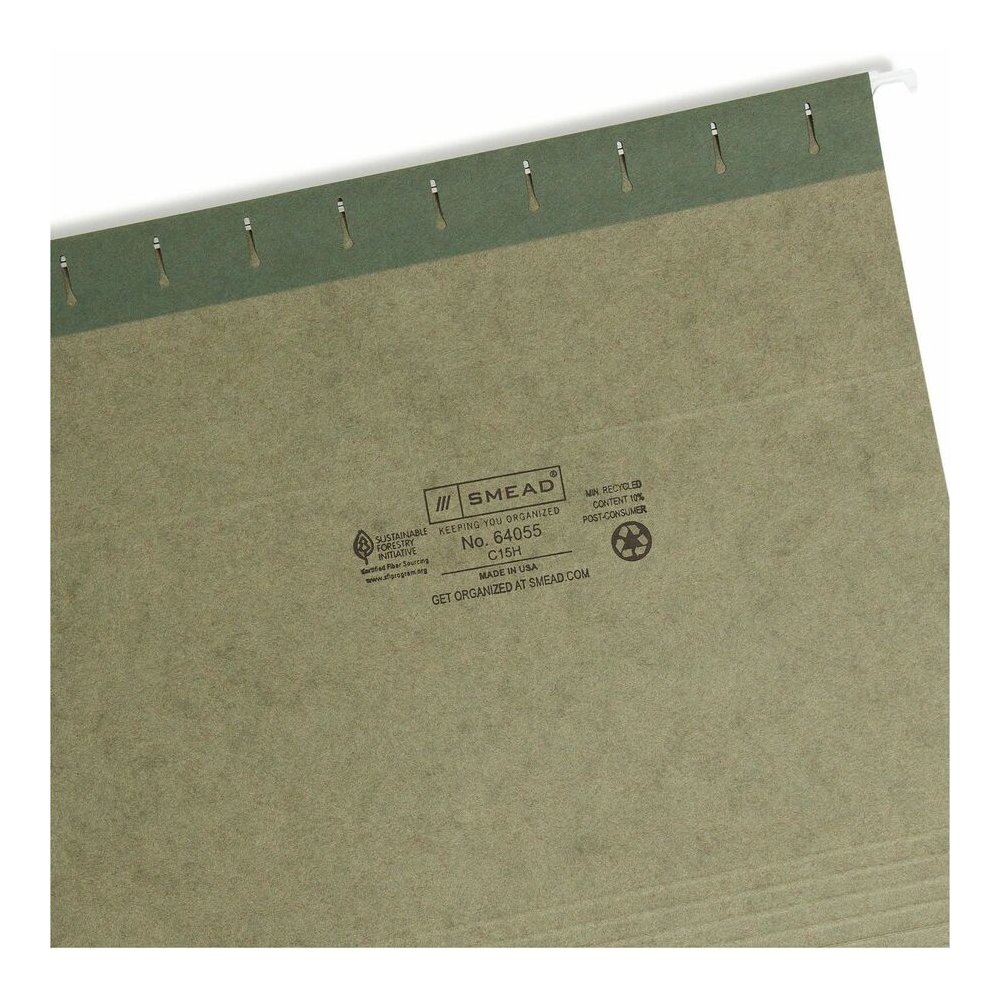 Smead 1/5 Tab Cut Letter Recycled Hanging Folder - 8 1/2" x 11" - Top Tab Location - Assorted Tab Position - 11 pt. - Vinyl - Standard Green - 10% Recycled - 25 / Box. Picture 8