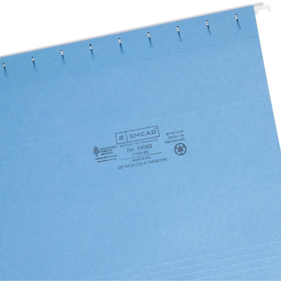 Smead Colored 1/5 Tab Cut Letter Recycled Hanging Folder - 8 1/2" x 11" - Top Tab Location - Assorted Tab Position - 11 pt. - Vinyl - Blue - 10% Recycled - 25 / Box. Picture 8