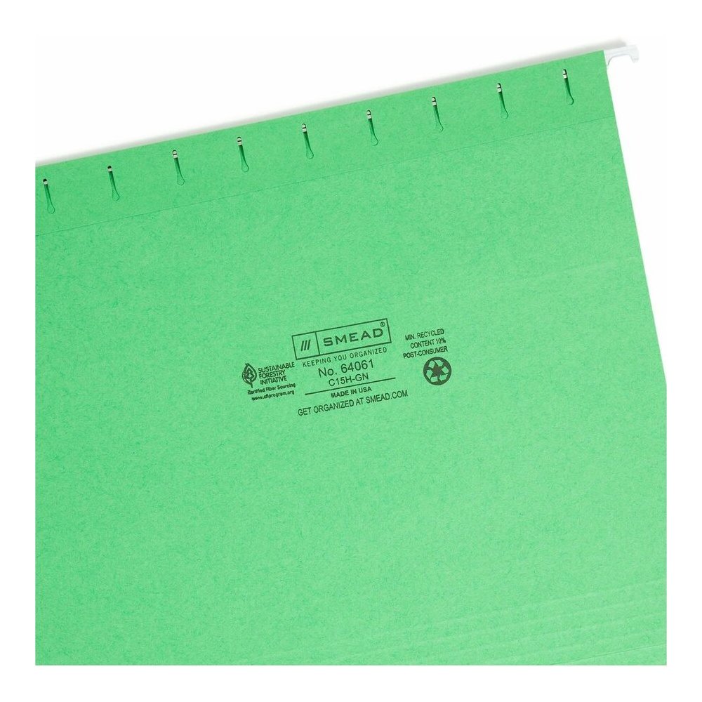 Smead Colored 1/5 Tab Cut Letter Recycled Hanging Folder - 8 1/2" x 11" - Top Tab Location - Assorted Tab Position - 11 pt. - Vinyl - Green - 10% Recycled - 25 / Box. Picture 8