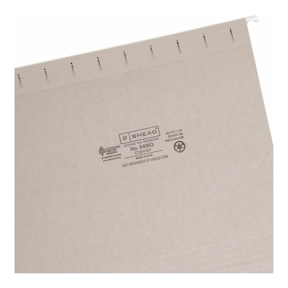 Smead Colored 1/5 Tab Cut Letter Recycled Hanging Folder - 8 1/2" x 11" - Top Tab Location - Assorted Tab Position - 11 pt. - Vinyl - Gray - 10% Recycled - 25 / Box. Picture 8