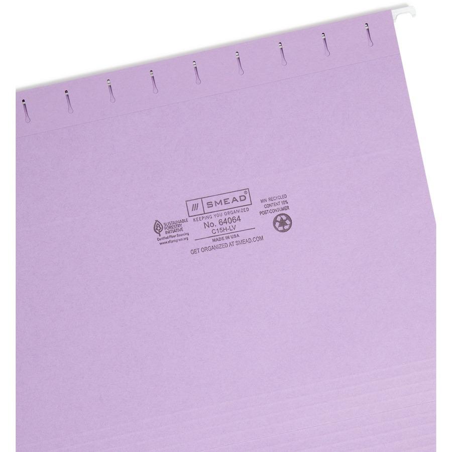 Smead Colored 1/5 Tab Cut Letter Recycled Hanging Folder - 8 1/2" x 11" - Top Tab Location - Assorted Tab Position - 11 pt. - Vinyl - Lavender - 10% Recycled - 25 / Box. Picture 8