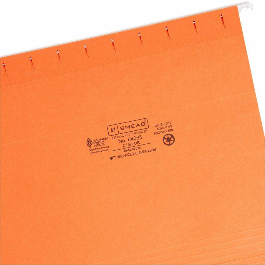 Smead Colored 1/5 Tab Cut Letter Recycled Hanging Folder - 8 1/2" x 11" - Top Tab Location - Assorted Tab Position - 11 pt. - Vinyl - Orange - 10% Recycled - 25 / Box. Picture 7