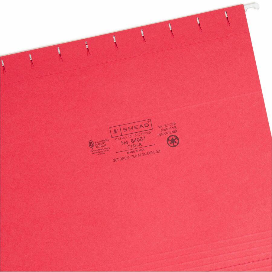 Smead Colored 1/5 Tab Cut Letter Recycled Hanging Folder - 8 1/2" x 11" - Top Tab Location - Assorted Tab Position - 11 pt. - Vinyl - Red - 10% Recycled - 25 / Box. Picture 8