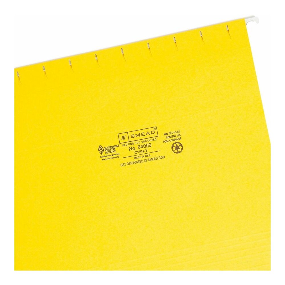 Smead Colored 1/5 Tab Cut Letter Recycled Hanging Folder - 8 1/2" x 11" - Top Tab Location - Assorted Tab Position - 11 pt. - Vinyl - Yellow - 10% Recycled - 25 / Box. Picture 8