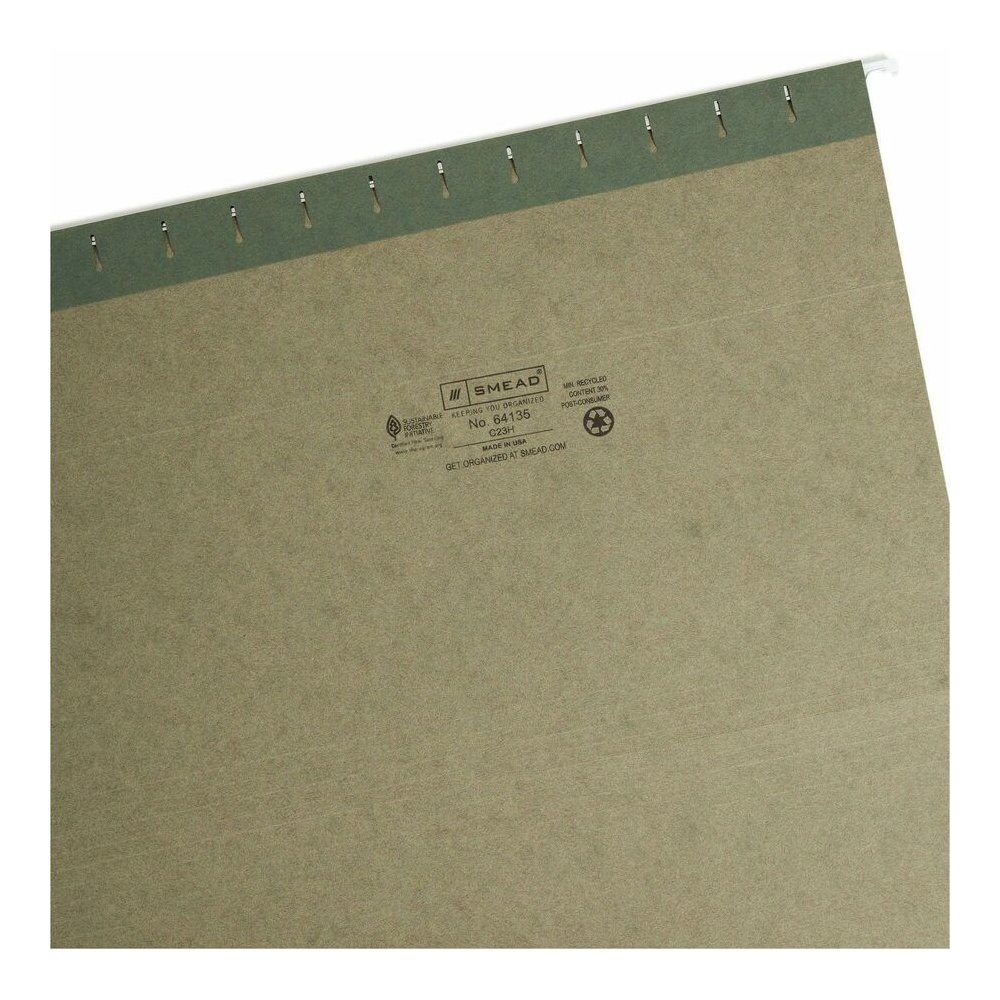 Smead 1/3 Tab Cut Legal Recycled Hanging Folder - 8 1/2" x 14" - Top Tab Location - Assorted Tab Position - 11 pt. - Vinyl - Standard Green - 10% Recycled - 25 / Box. Picture 8