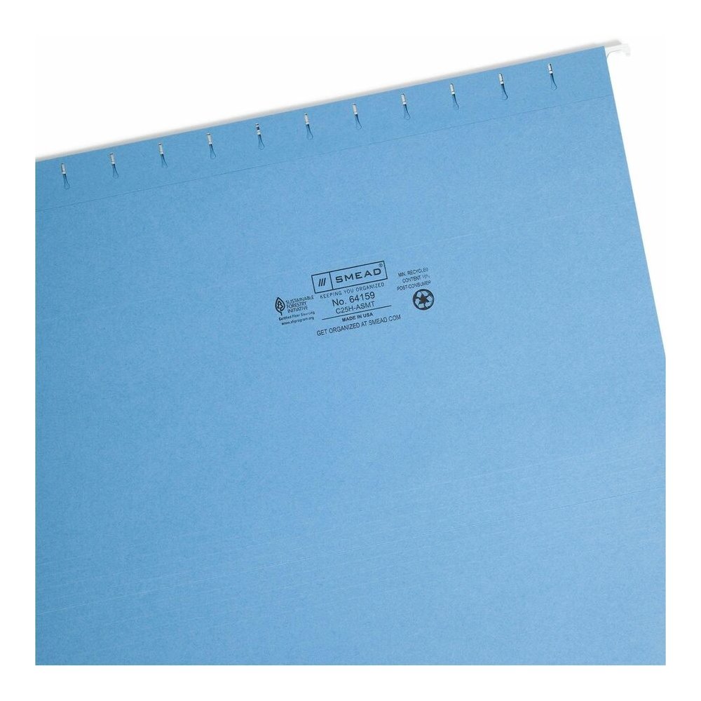 Smead 1/5 Tab Cut Legal Recycled Hanging Folder - 8 1/2" x 14" - Top Tab Location - Assorted Tab Position - 11 pt. - Vinyl - Blue, Green, Orange, Red, Yellow - 10% Recycled - 25 / Box. Picture 8