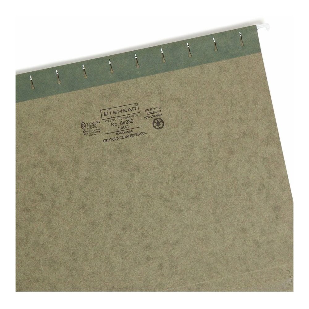 Smead Letter Recycled Hanging Folder - 8 1/2" x 11" - 1" Expansion - 11 pt. - Pressboard - Standard Green - Reinforced Base - 10% Recycled - 25 / Box. Picture 8