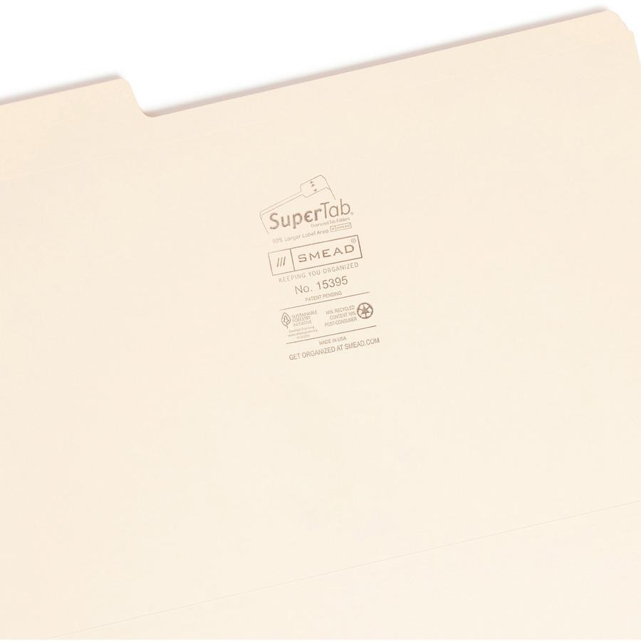 Smead SuperTab 1/3 Tab Cut Legal Recycled Top Tab File Folder - 8 1/2" x 14" - 3/4" Expansion - Top Tab Location - Assorted Position Tab Position - Manila - 10% Recycled - 100 / Box. Picture 8