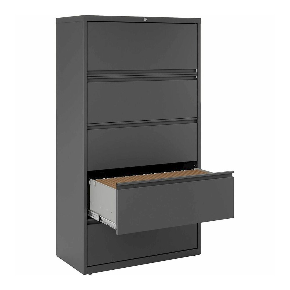 Lorell Fortress Series Lateral File - 36" Width x 18.6" Depth x 67.7" Height - 5 x Drawer(s) - Legal, Letter, A4 - Lateral - Rust Proof, Leveling Glide, Interlocking - Charcoal - Baked Enamel - Steel . Picture 11