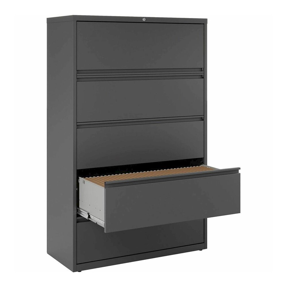 Lorell Fortress Series Lateral File w/Roll-out Posting Shelf - 42" x 18.6" x 67.7" - 5 x Drawer(s) - Legal, Letter, A4 - Lateral - Rust Proof, Leveling Glide, Interlocking - Charcoal - Steel - Recycle. Picture 8