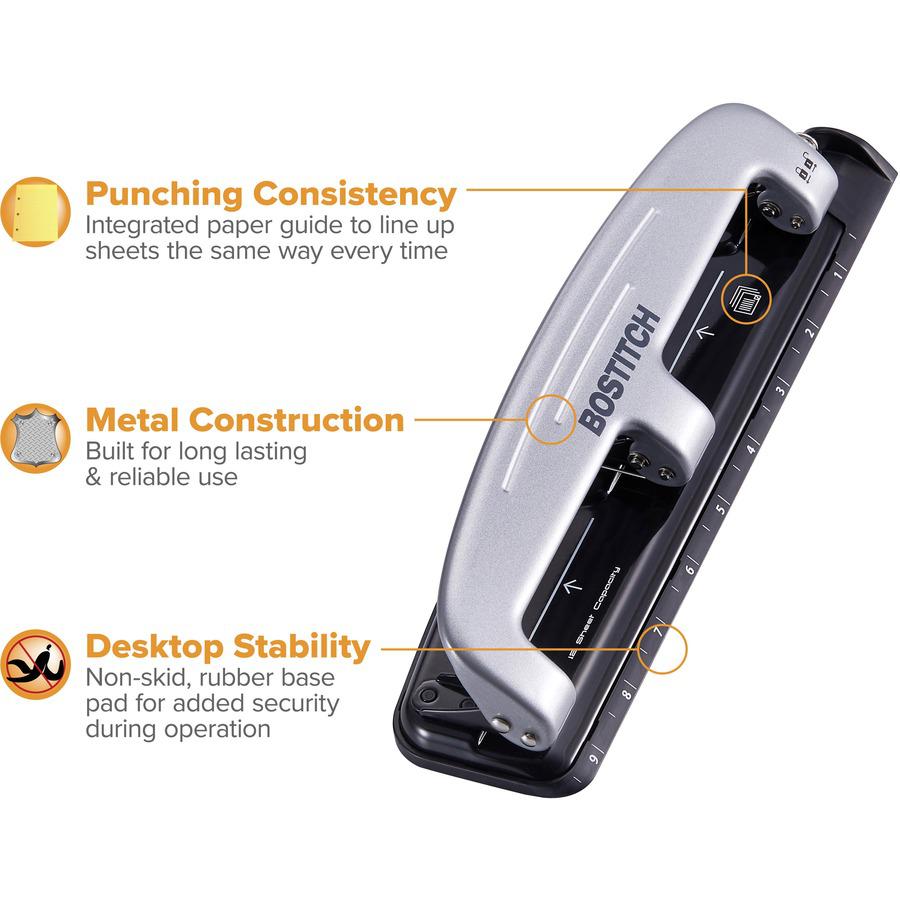 Bostitch EZ Squeeze&trade; 12 Three-Hole Punch - 3 Punch Head(s) - 12 Sheet - 9/32" Punch Size - 3" Width x 1.6" Height - Black, Silver. Picture 11