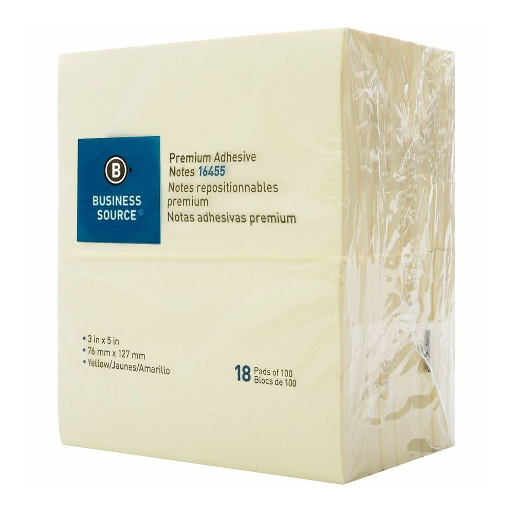 Business Source Repositionable Notes - 3" Flag/Note Width x 5" Flag/Note Length - Rectangle - Yellow - Repositionable, Solvent-free Adhesive - 18 / Pack. Picture 9