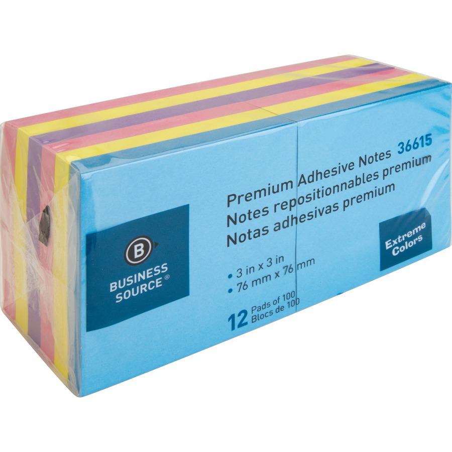 Business Source 3x3 Extreme Colors Adhesive Notes - 100 - 3" Flag/Note Width x 3" Flag/Note Length - Square - Assorted - Repositionable, Solvent-free Adhesive - 12 / Pack. Picture 10