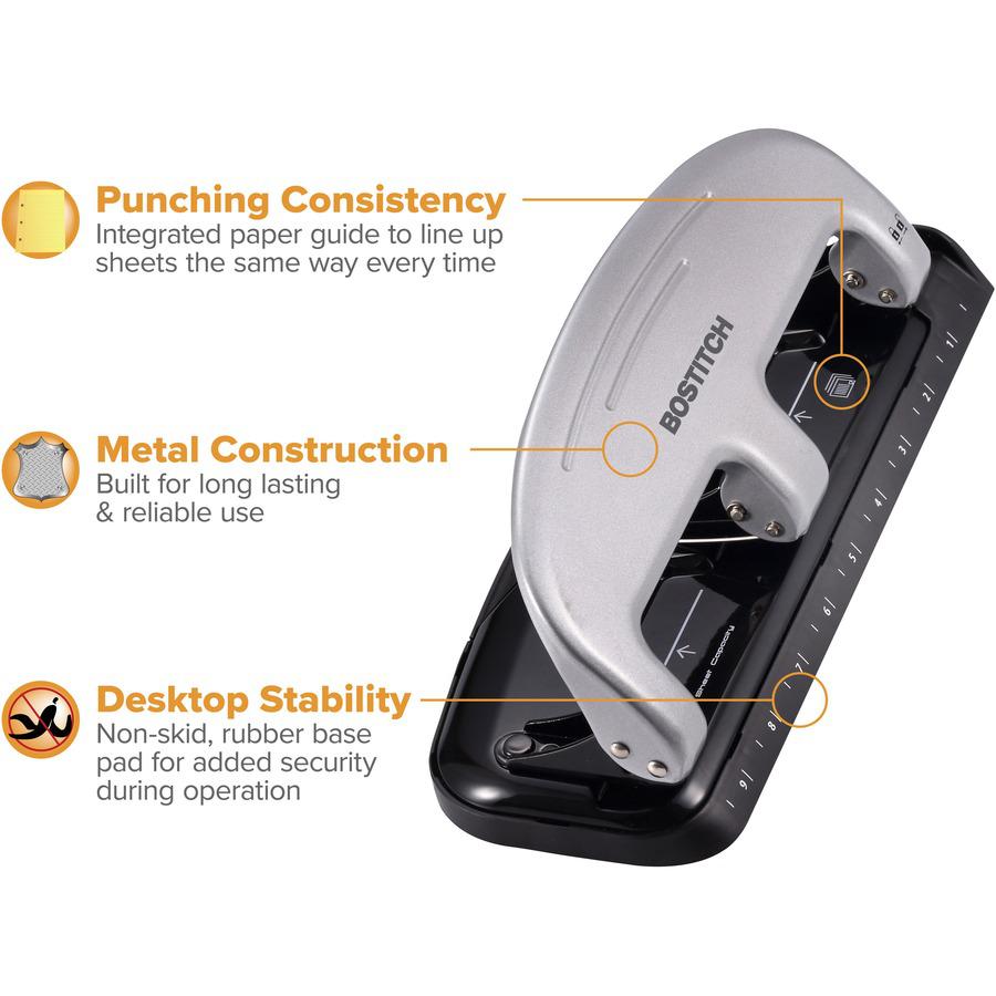 Bostitch EZ Squeeze&trade; 20 Three-Hole Punch - 3 Punch Head(s) - 20 Sheet - 9/32" Punch Size - 4.4" x 2" - Black, Silver. Picture 6