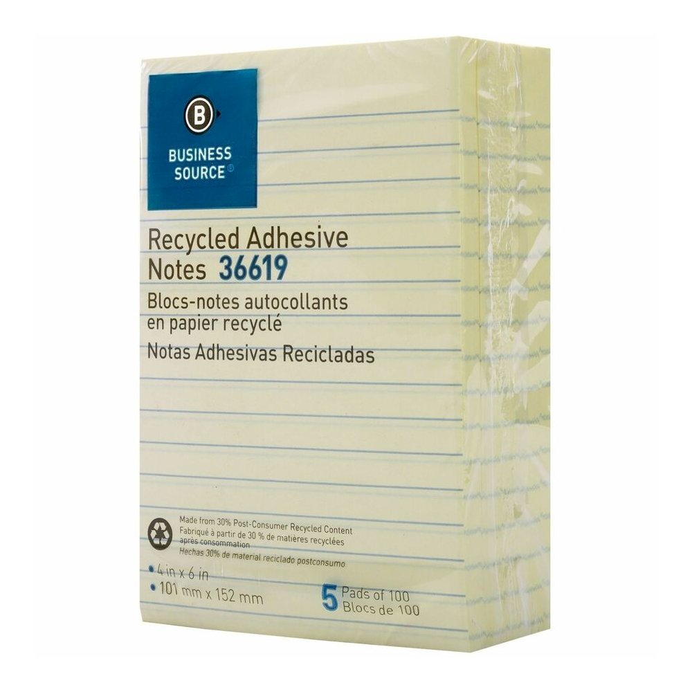 Business Source Yellow Adhesive Notes - 4" Flag/Note Width x 6" Flag/Note Length - Rectangle - Ruled - Yellow - Self-adhesive, Removable - Recycled - 5 / Pack. Picture 10