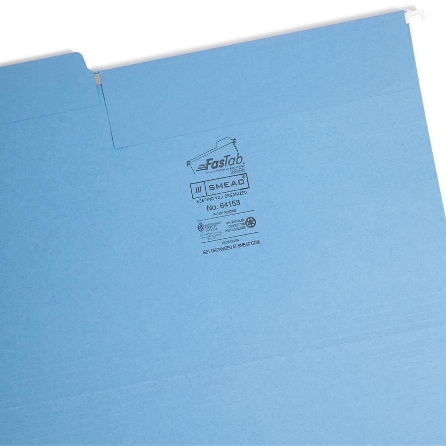 Smead FasTab 1/3 Tab Cut Legal Recycled Hanging Folder - 8 1/2" x 14" - Top Tab Location - Assorted Position Tab Position - Red, Green, Blue - 10% Recycled - 18 / Box. Picture 8