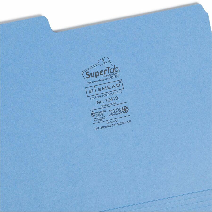 Smead SuperTab 1/3 Tab Cut Letter Recycled Top Tab File Folder - 8 1/2" x 11" - 3/4" Expansion - Top Tab Location - Assorted Position Tab Position - Blue, Red, Green, Yellow - 10% Recycled - 50 / Box. Picture 8