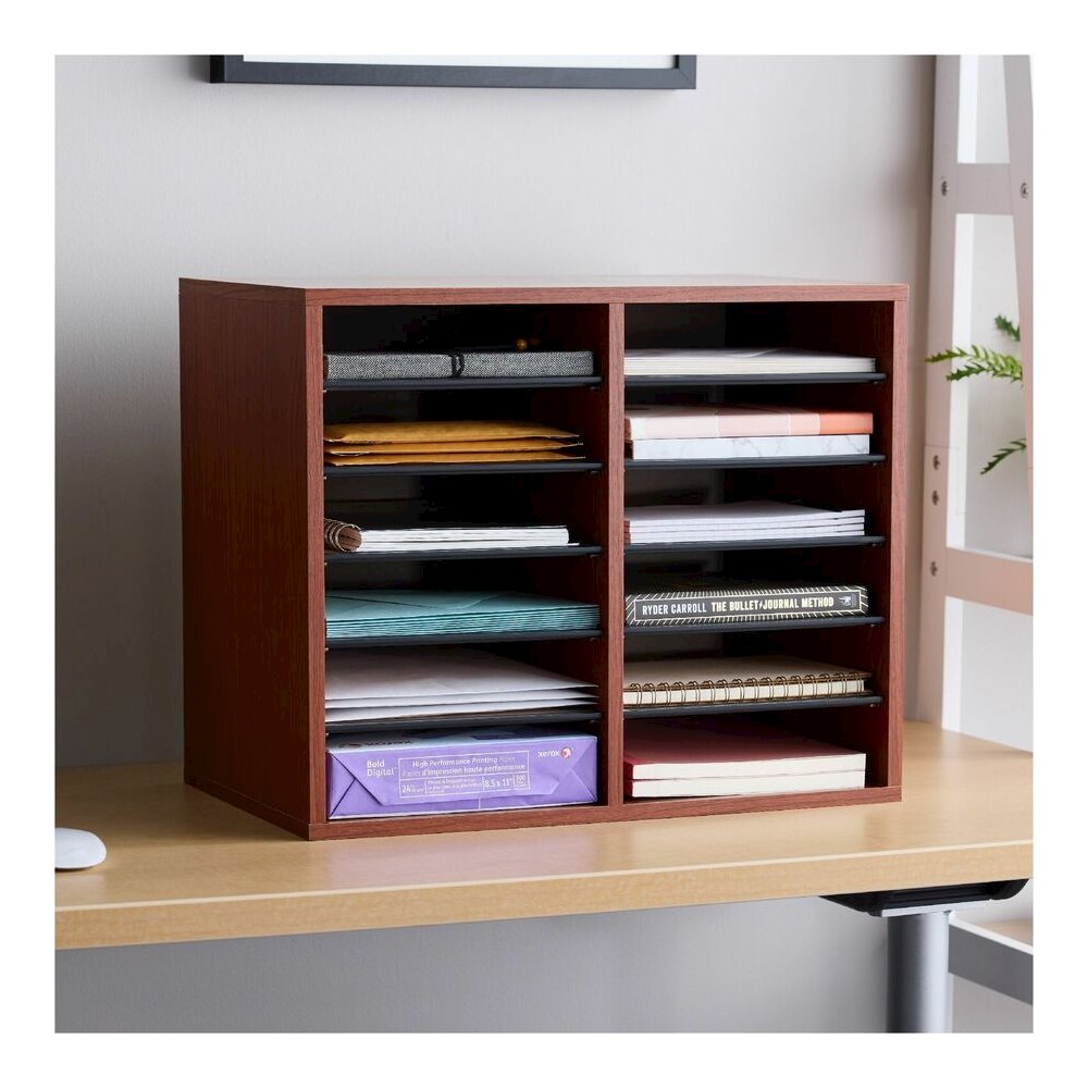 Safco Adjustable 12-Slot Wood Literature Organizer - 12 Compartment(s) - Desktop - Adjustable - Laminate - Cherry - Hardboard, Fiberboard - 1 Each. Picture 11
