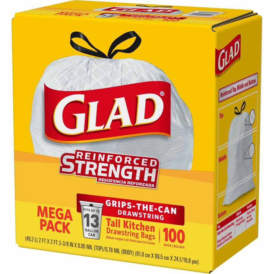 Glad ForceFlex Tall Kitchen Drawstring Trash Bags - 13 gal Capacity - 24" Width x 27" Length - 9 mil (229 Micron) Thickness - Drawstring Closure - White - Plastic - 100/Box - Kitchen, Office, Day Care. Picture 11